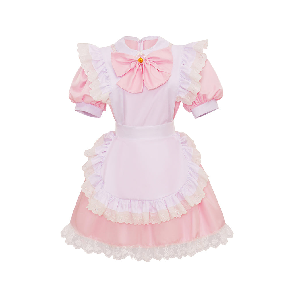 Medieval Style Pink and White Dress with Puff Sleeves Bow Detail and Lace Trimmed Apron for Historical Reenactments Halloween Christmas