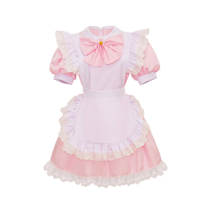 Medieval Style Pink and White Dress with Puff Sleeves Bow Detail and Lace Trimmed Apron for Historical Reenactments Halloween Christmas