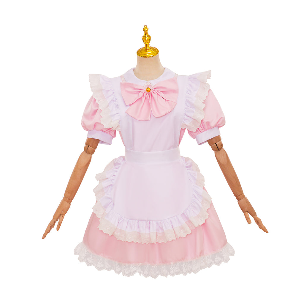 Medieval Style Pink and White Dress with Puff Sleeves Bow Detail and Lace Trimmed Apron for Historical Reenactments Halloween Christmas