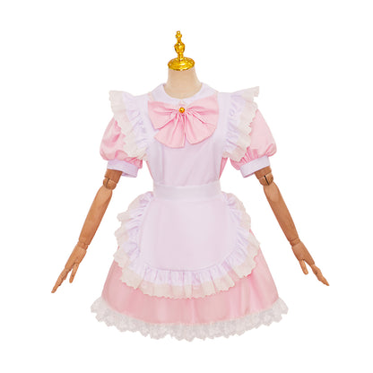 Medieval Style Pink and White Dress with Puff Sleeves Bow Detail and Lace Trimmed Apron for Historical Reenactments Halloween Christmas