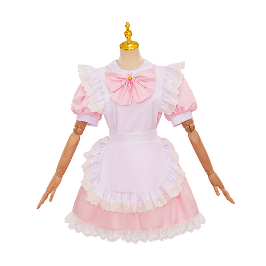 Medieval Style Pink and White Dress with Puff Sleeves Bow Detail and Lace Trimmed Apron for Historical Reenactments Halloween Christmas