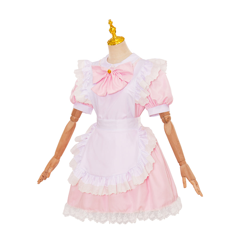 Medieval Style Pink and White Dress with Puff Sleeves Bow Detail and Lace Trimmed Apron for Historical Reenactments Halloween Christmas