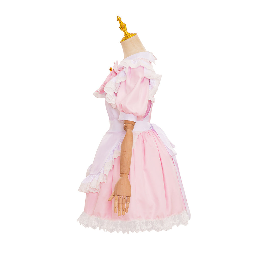 Medieval Style Pink and White Dress with Puff Sleeves Bow Detail and Lace Trimmed Apron for Historical Reenactments Halloween Christmas