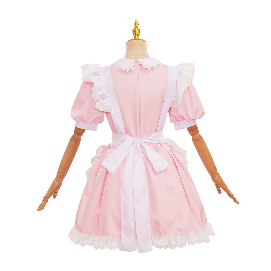 Medieval Style Pink and White Dress with Puff Sleeves Bow Detail and Lace Trimmed Apron for Historical Reenactments Halloween Christmas