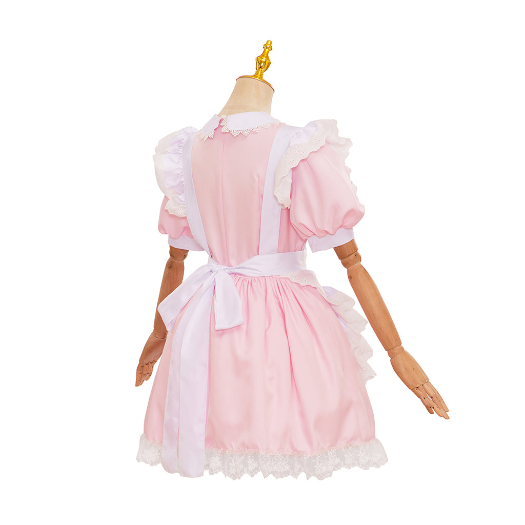 Medieval Style Pink and White Dress with Puff Sleeves Bow Detail and Lace Trimmed Apron for Historical Reenactments Halloween Christmas