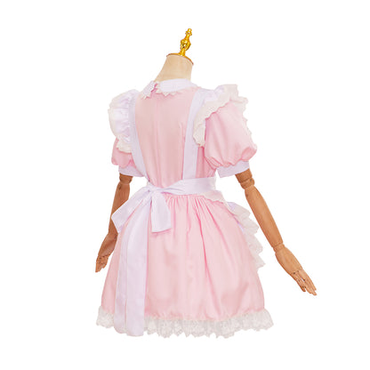 Medieval Style Pink and White Dress with Puff Sleeves Bow Detail and Lace Trimmed Apron for Historical Reenactments Halloween Christmas