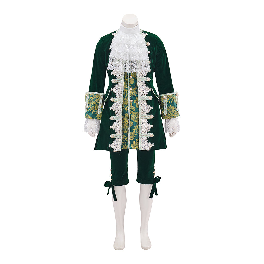 Medieval Green Velvet Court Suit with White Ruffled Collar for Historical Reenactments, Medieval Themed Events Halloween and Christmas