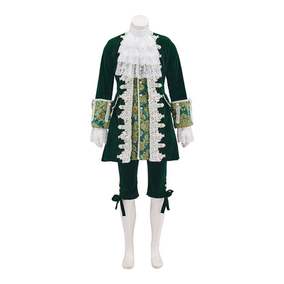 Medieval Green Velvet Court Suit with White Ruffled Collar for Historical Reenactments, Medieval Themed Events Halloween and Christmas