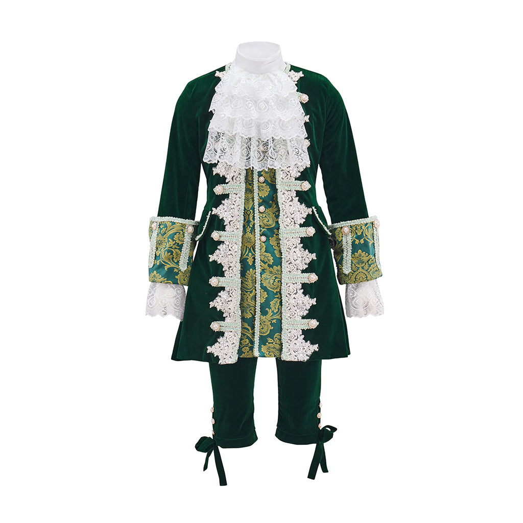 Medieval Green Velvet Court Suit with White Ruffled Collar for Historical Reenactments, Medieval Themed Events Halloween and Christmas