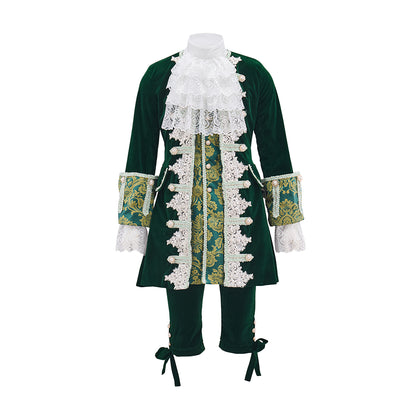 Medieval Green Velvet Court Suit with White Ruffled Collar for Historical Reenactments, Medieval Themed Events Halloween and Christmas