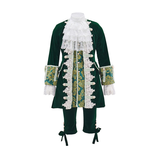 Medieval Green Velvet Court Suit with White Ruffled Collar for Historical Reenactments, Medieval Themed Events Halloween and Christmas