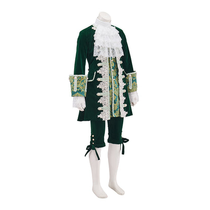 Medieval Green Velvet Court Suit with White Ruffled Collar for Historical Reenactments, Medieval Themed Events Halloween and Christmas