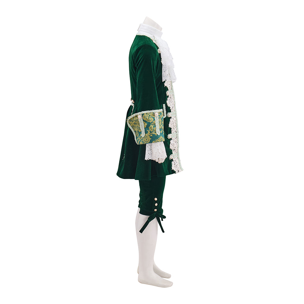 Medieval Green Velvet Court Suit with White Ruffled Collar for Historical Reenactments, Medieval Themed Events Halloween and Christmas
