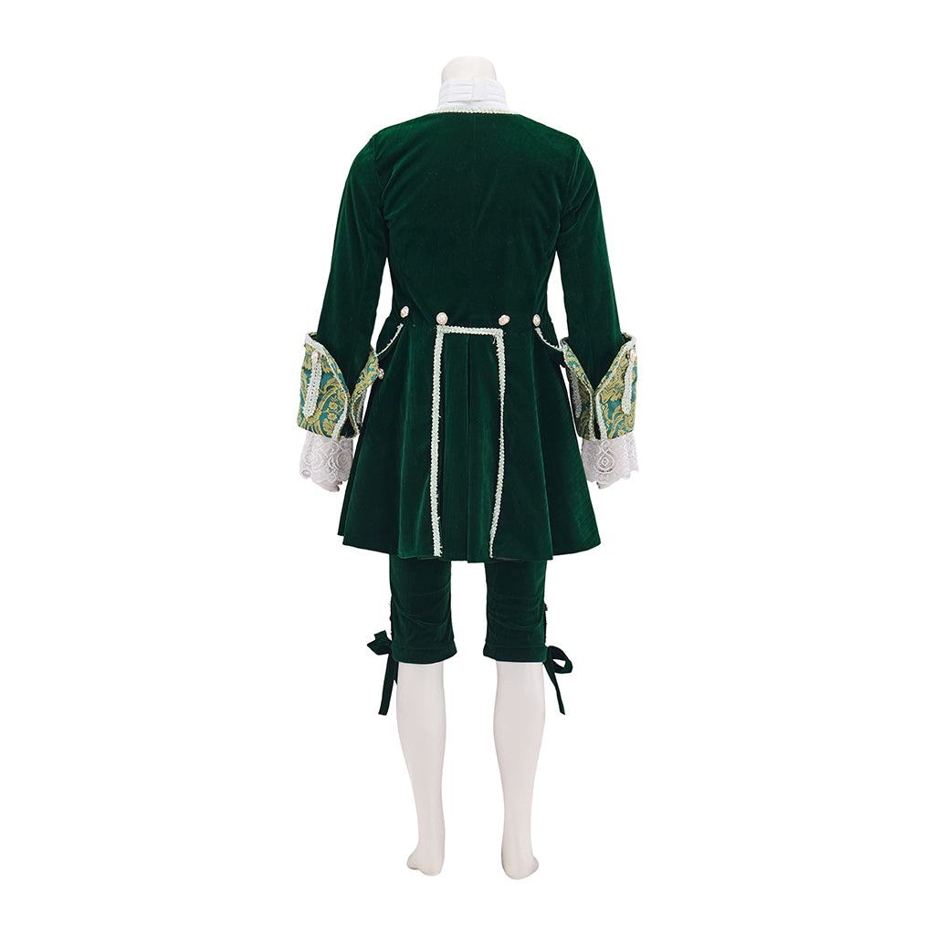 Medieval Green Velvet Court Suit with White Ruffled Collar for Historical Reenactments, Medieval Themed Events Halloween and Christmas