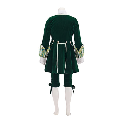 Medieval Green Velvet Court Suit with White Ruffled Collar for Historical Reenactments, Medieval Themed Events Halloween and Christmas