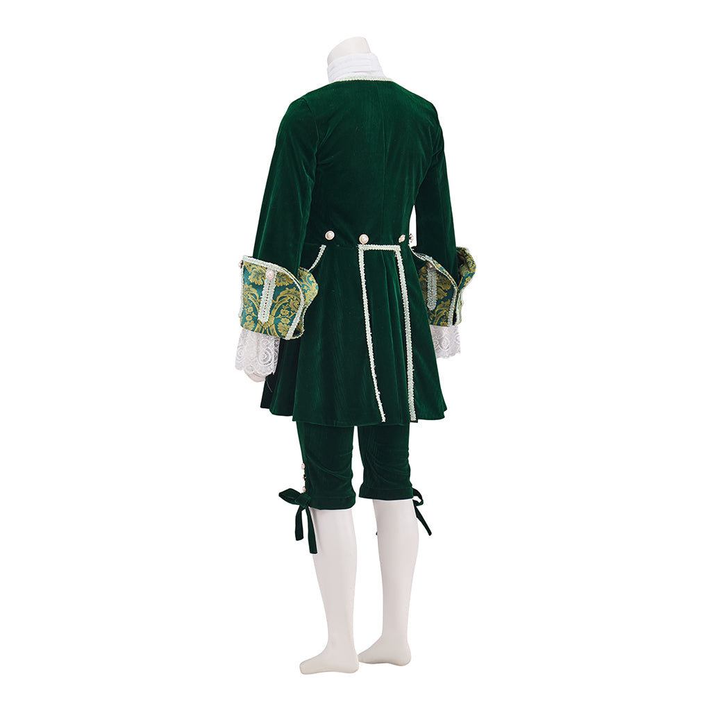 Medieval Green Velvet Court Suit with White Ruffled Collar for Historical Reenactments, Medieval Themed Events Halloween and Christmas