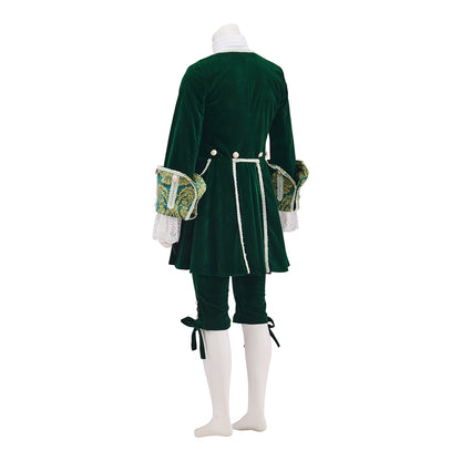Medieval Green Velvet Court Suit with White Ruffled Collar for Historical Reenactments, Medieval Themed Events Halloween and Christmas