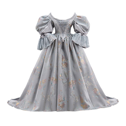 Rococo Light Gray Floral  Patterned Puff  Sleeve Ball Gown Dress for Historical Reenactments, Rococo Themed Events Halloween and Christmas
