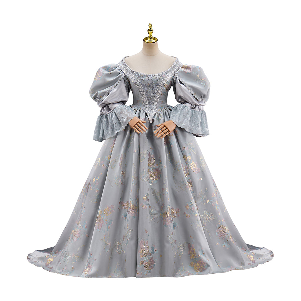 Rococo Light Gray Floral  Patterned Puff  Sleeve Ball Gown Dress for Historical Reenactments, Rococo Themed Events Halloween and Christmas
