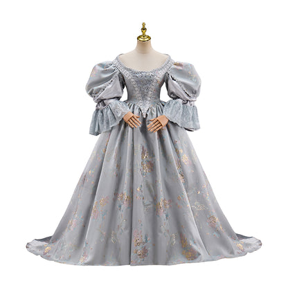Rococo Light Gray Floral  Patterned Puff  Sleeve Ball Gown Dress for Historical Reenactments, Rococo Themed Events Halloween and Christmas