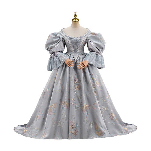 Rococo Light Gray Floral  Patterned Puff  Sleeve Ball Gown Dress for Historical Reenactments, Rococo Themed Events Halloween and Christmas