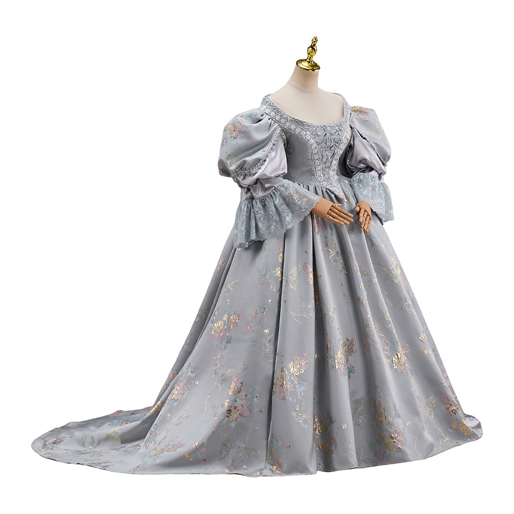 Rococo Light Gray Floral  Patterned Puff  Sleeve Ball Gown Dress for Historical Reenactments, Rococo Themed Events Halloween and Christmas