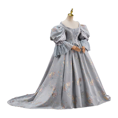 Rococo Light Gray Floral  Patterned Puff  Sleeve Ball Gown Dress for Historical Reenactments, Rococo Themed Events Halloween and Christmas