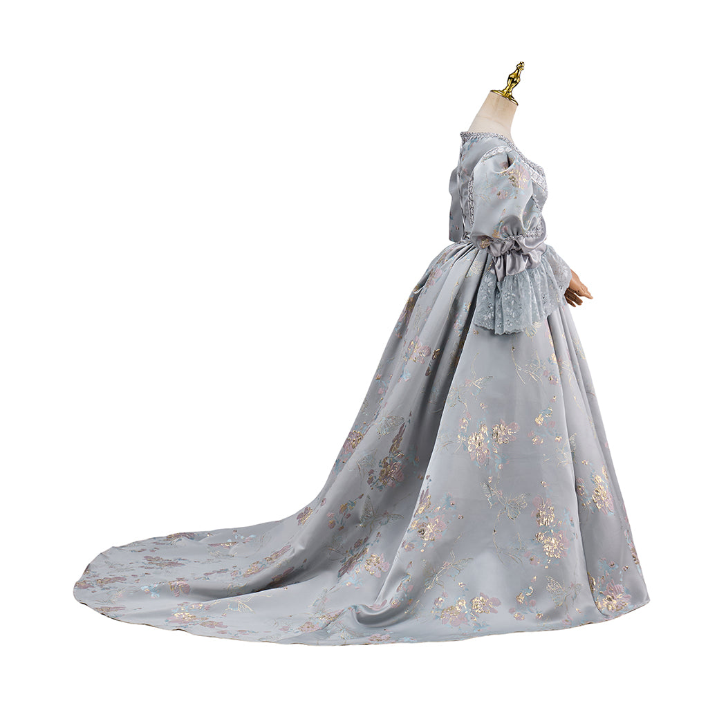 Rococo Light Gray Floral  Patterned Puff  Sleeve Ball Gown Dress for Historical Reenactments, Rococo Themed Events Halloween and Christmas