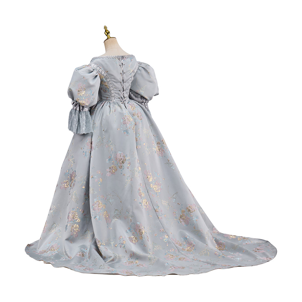 Rococo Light Gray Floral  Patterned Puff  Sleeve Ball Gown Dress for Historical Reenactments, Rococo Themed Events Halloween and Christmas