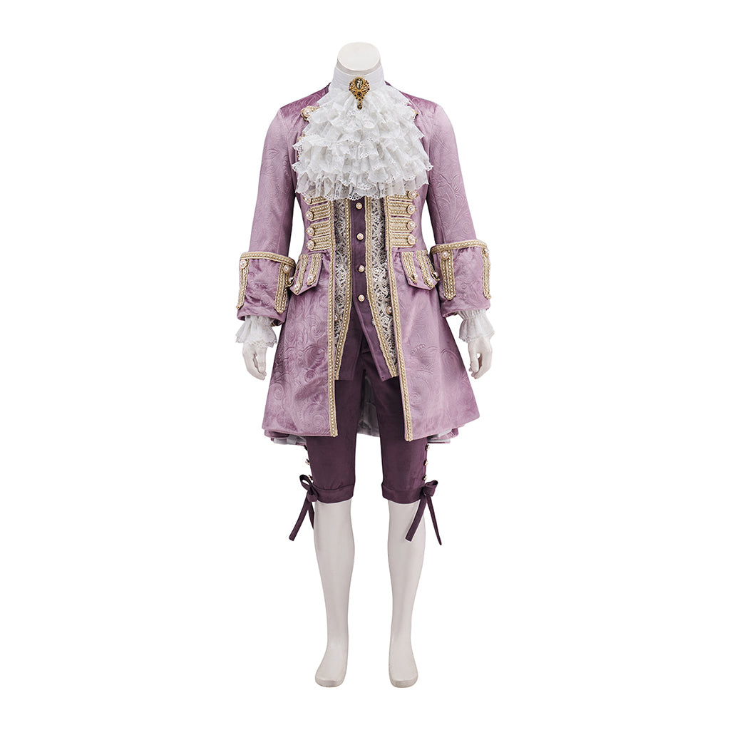Medieval Purple Velvet Court Jacket with Gold - Trimmed Details, White Ruffled Collar for Historical Reenactments Halloween and Christmas