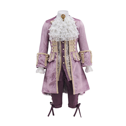 Medieval Purple Velvet Court Jacket with Gold - Trimmed Details, White Ruffled Collar for Historical Reenactments Halloween and Christmas
