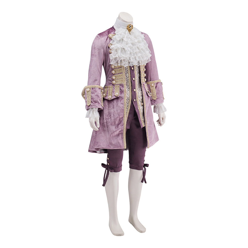 Medieval Purple Velvet Court Jacket with Gold - Trimmed Details, White Ruffled Collar for Historical Reenactments Halloween and Christmas