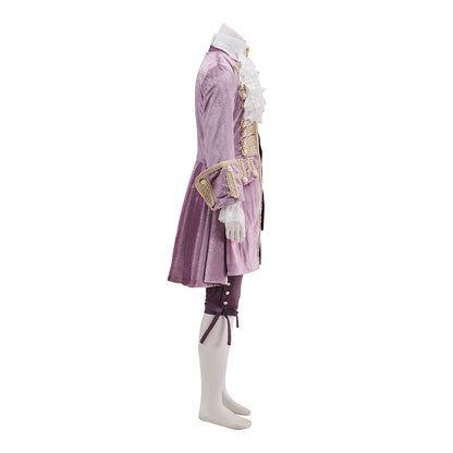 Medieval Purple Velvet Court Jacket with Gold - Trimmed Details, White Ruffled Collar for Historical Reenactments Halloween and Christmas