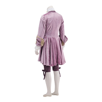 Medieval Purple Velvet Court Jacket with Gold - Trimmed Details, White Ruffled Collar for Historical Reenactments Halloween and Christmas