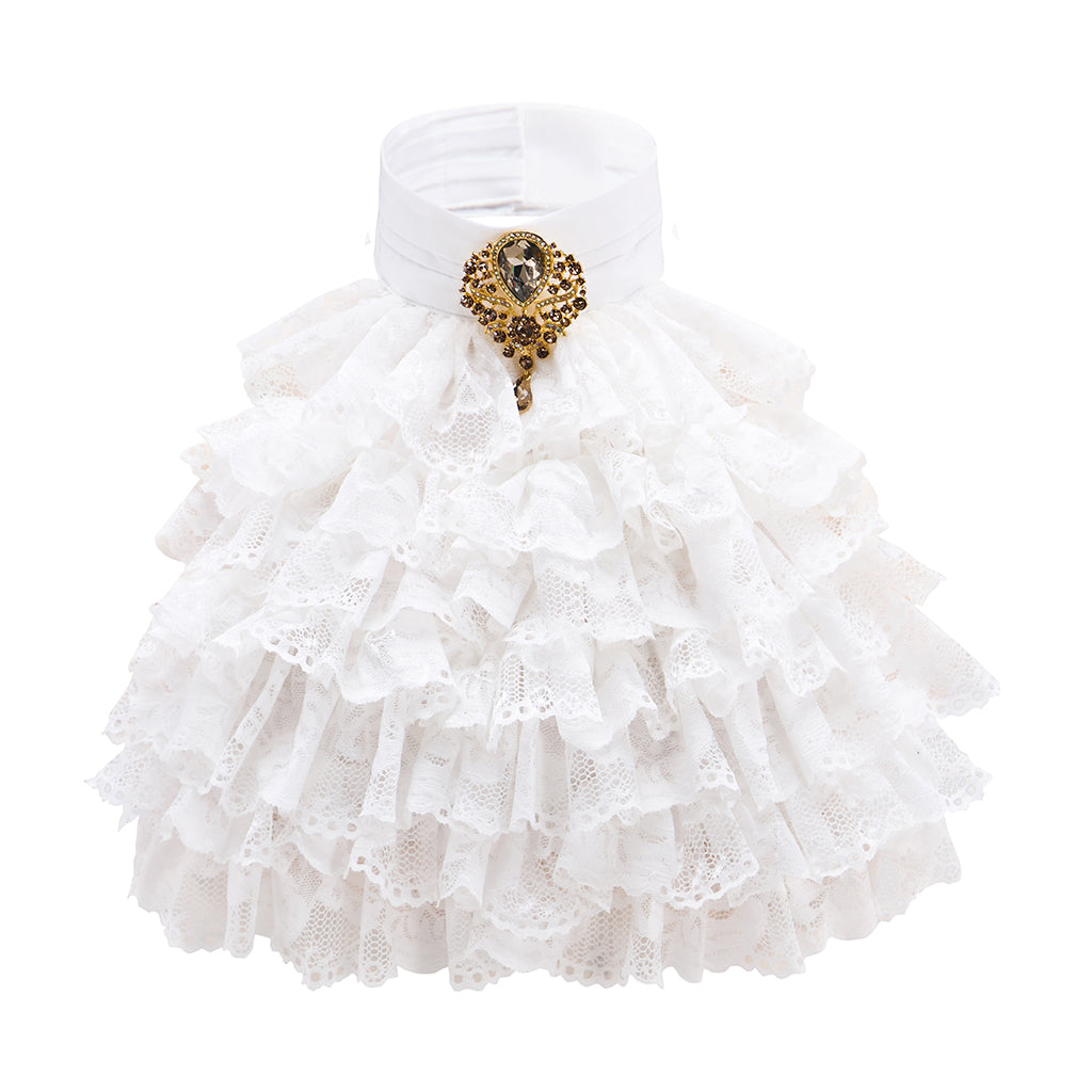 Medieval White Ruffled High Neck Collar with Golden Ornament Detailing for Historical Reenactments Medieval Halloween and Christmas