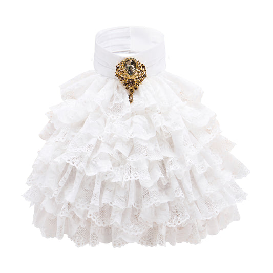 Medieval White Ruffled High Neck Collar with Golden Ornament Detailing for Historical Reenactments Medieval Halloween and Christmas
