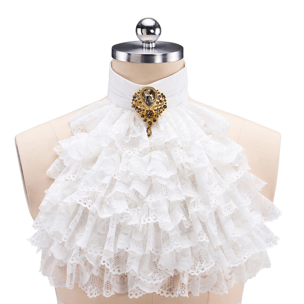 Medieval White Ruffled High Neck Collar with Golden Ornament Detailing for Historical Reenactments Medieval Halloween and Christmas