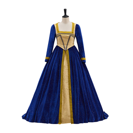 Medieval Victorian Blue Long Sleeved Gown with Golden Vertical Detailing for Historical Reenactments Halloween and Christmas