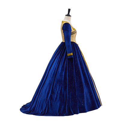 Medieval Victorian Blue Long Sleeved Gown with Golden Vertical Detailing for Historical Reenactments Halloween and Christmas