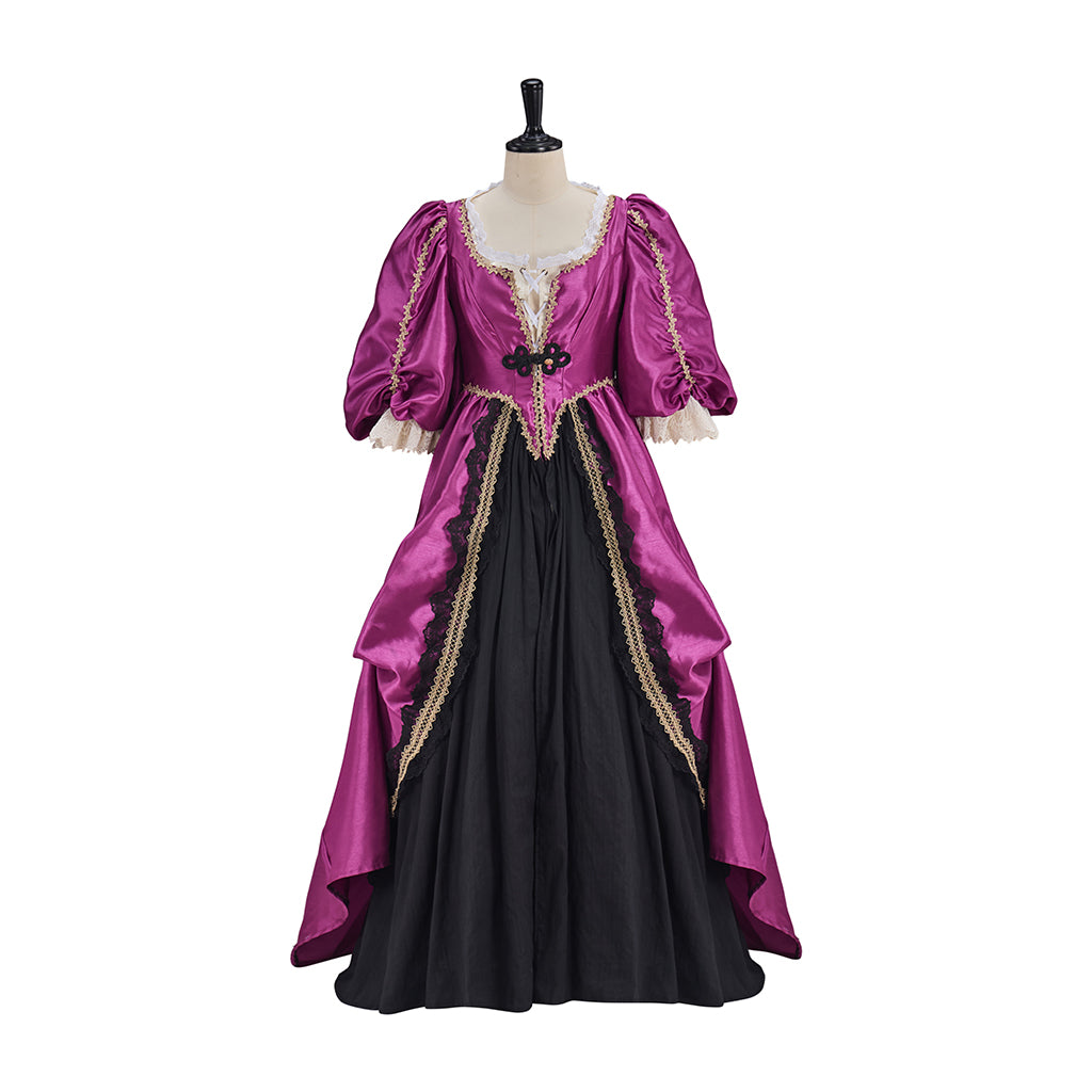 Victorian Fuchsia Black Gold Trimmed Puff Sleeve Fitted Bodice Ball Gown Dress for Historical Reenactments Halloween and Christmas