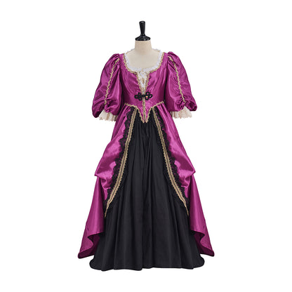 Victorian Fuchsia Black Gold Trimmed Puff Sleeve Fitted Bodice Ball Gown Dress for Historical Reenactments Halloween and Christmas