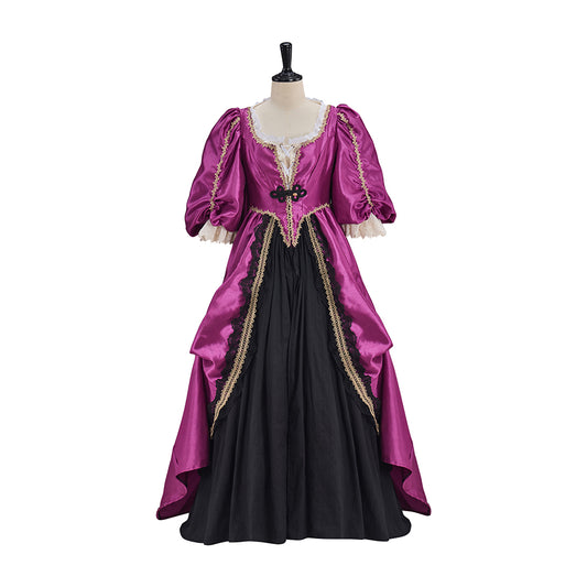 Victorian Fuchsia Black Gold Trimmed Puff Sleeve Fitted Bodice Ball Gown Dress for Historical Reenactments Halloween and Christmas