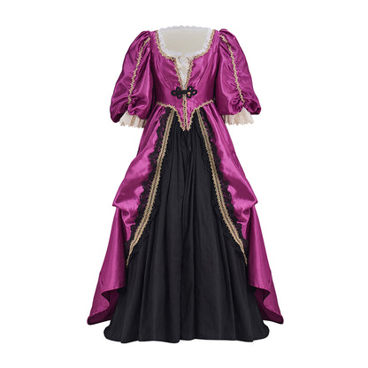 Victorian Fuchsia Black Gold Trimmed Puff Sleeve Fitted Bodice Ball Gown Dress for Historical Reenactments Halloween and Christmas