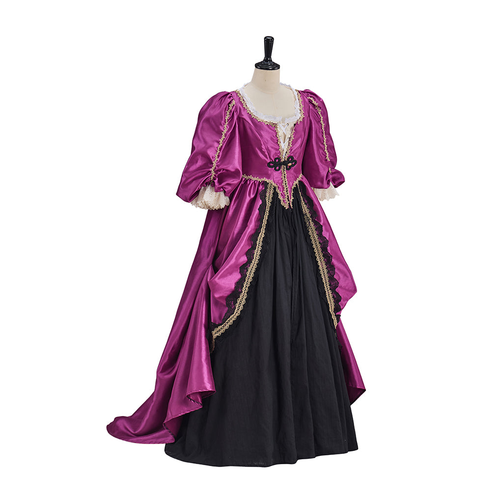Victorian Fuchsia Black Gold Trimmed Puff Sleeve Fitted Bodice Ball Gown Dress for Historical Reenactments Halloween and Christmas