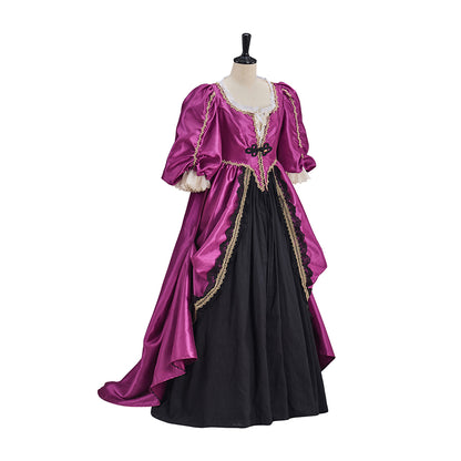 Victorian Fuchsia Black Gold Trimmed Puff Sleeve Fitted Bodice Ball Gown Dress for Historical Reenactments Halloween and Christmas