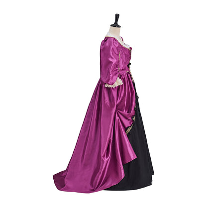 Victorian Fuchsia Black Gold Trimmed Puff Sleeve Fitted Bodice Ball Gown Dress for Historical Reenactments Halloween and Christmas