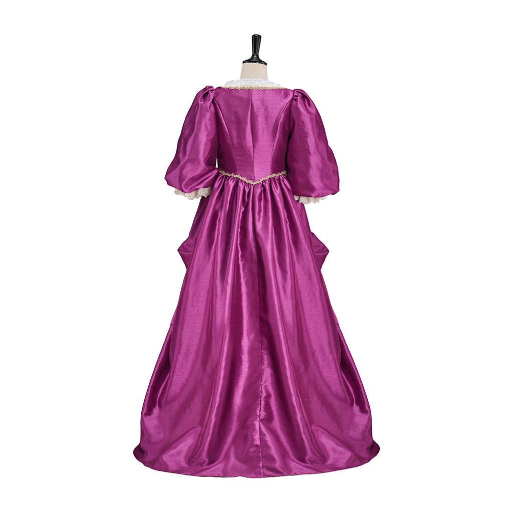 Victorian Fuchsia Black Gold Trimmed Puff Sleeve Fitted Bodice Ball Gown Dress for Historical Reenactments Halloween and Christmas