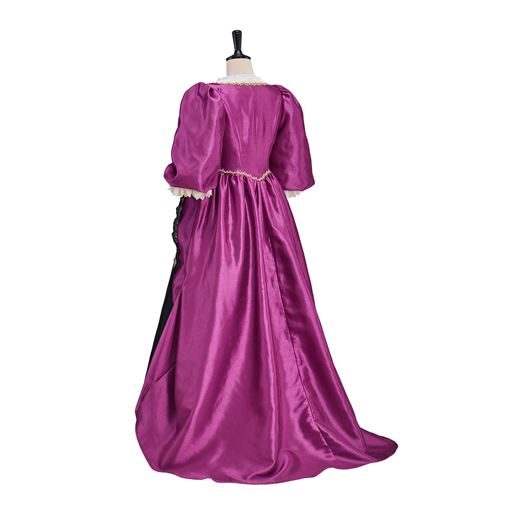 Victorian Fuchsia Black Gold Trimmed Puff Sleeve Fitted Bodice Ball Gown Dress for Historical Reenactments Halloween and Christmas