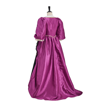 Victorian Fuchsia Black Gold Trimmed Puff Sleeve Fitted Bodice Ball Gown Dress for Historical Reenactments Halloween and Christmas