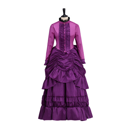Medieval Purple Long Sleeved Gown with Layered Ruffles for Historical Reenactments Medieval Themed Events Halloween and Christmas
